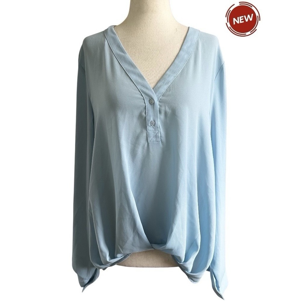 Lush Women Size Large Blue Long Sleeve Blouse Shirt Sheer V-neck NWT | 8-14